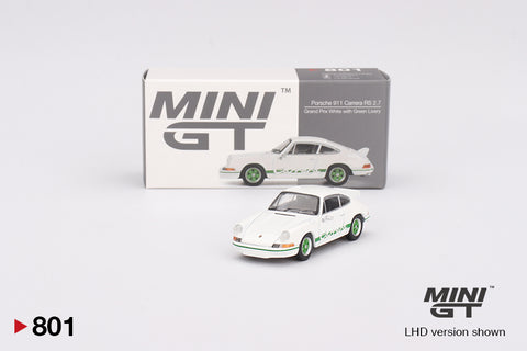 Mini GT 1:64 Porsche 911 Carrera RS 2.7 – Grand Prix White with Green Livery – Mijo Exclusives